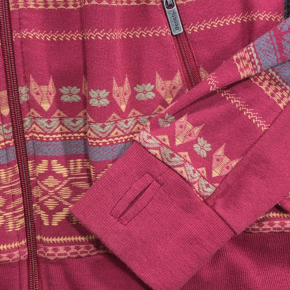 Bench Full Zip Sweatshirt Womens Small Burgundy Good Fair Isle Fox Logo Pockets